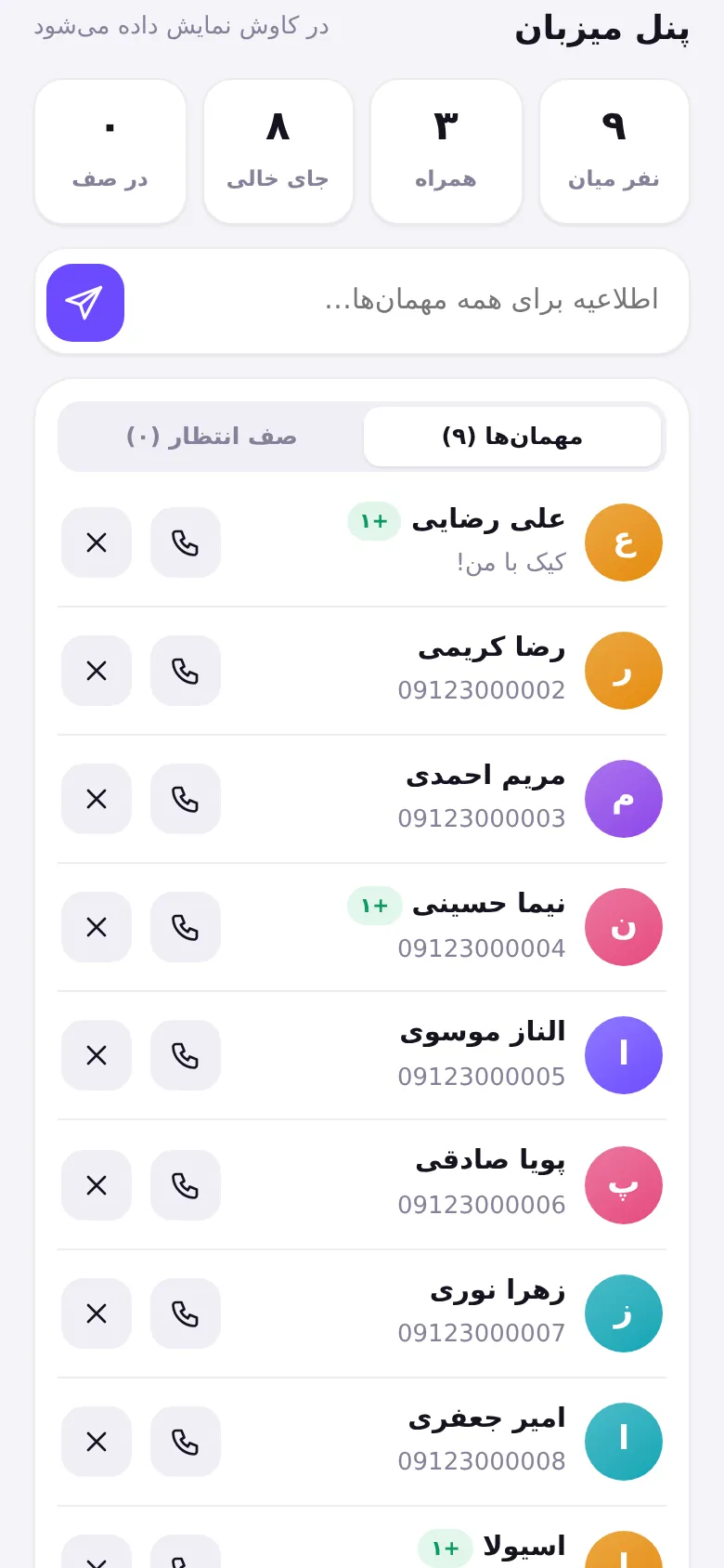 پنل میزبان با لیست مهمان‌ها